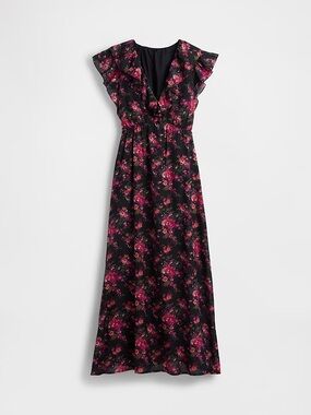 NWT $118 Gap Ruffle V-Neck Floral Maxi Dress M Black Pink Wedding Guest Romantic